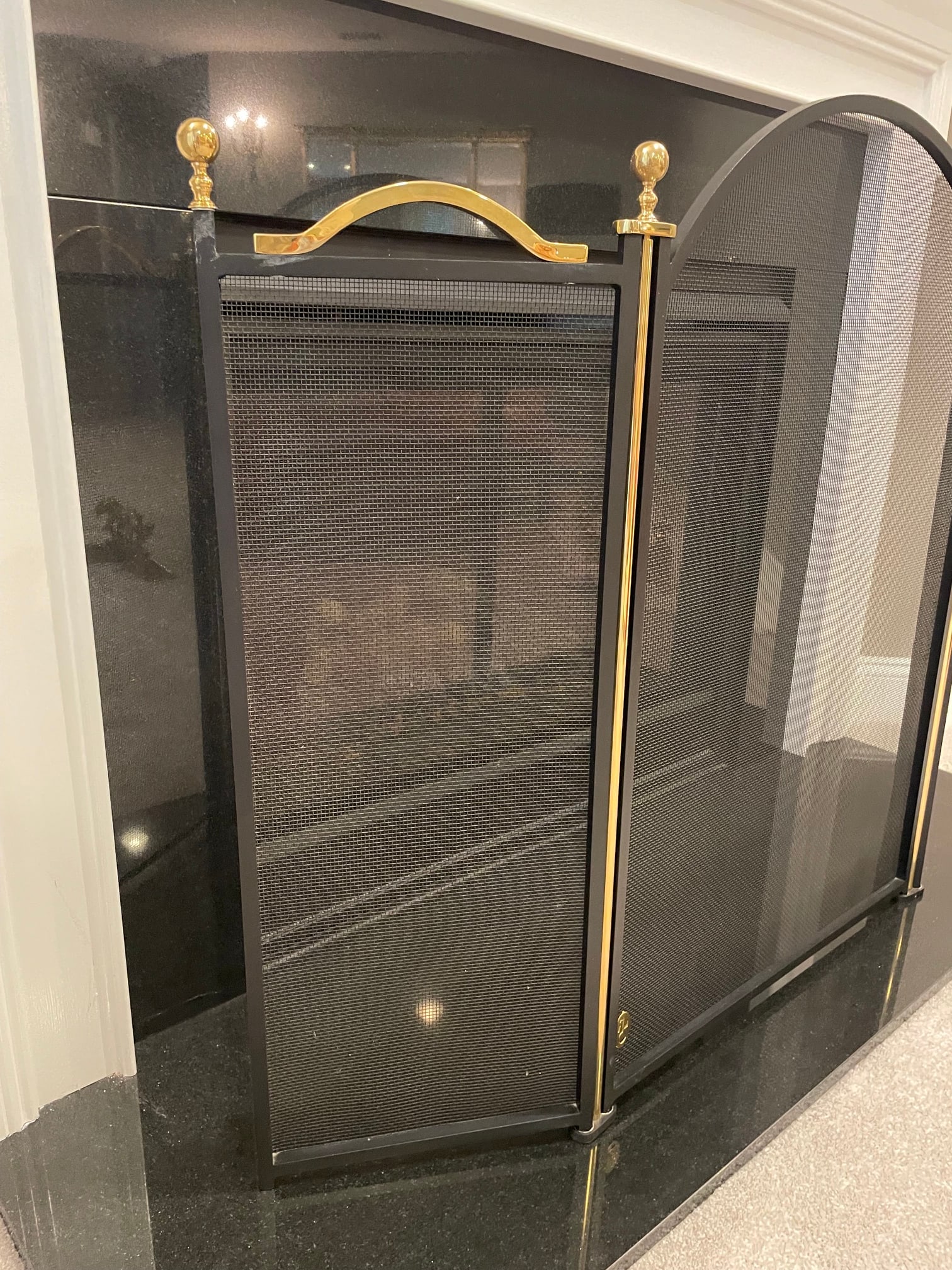1980s Virginia Metalcrafters Folding Three Piece Matte Black Fireplace Screen With High Sheen Solid - 5
