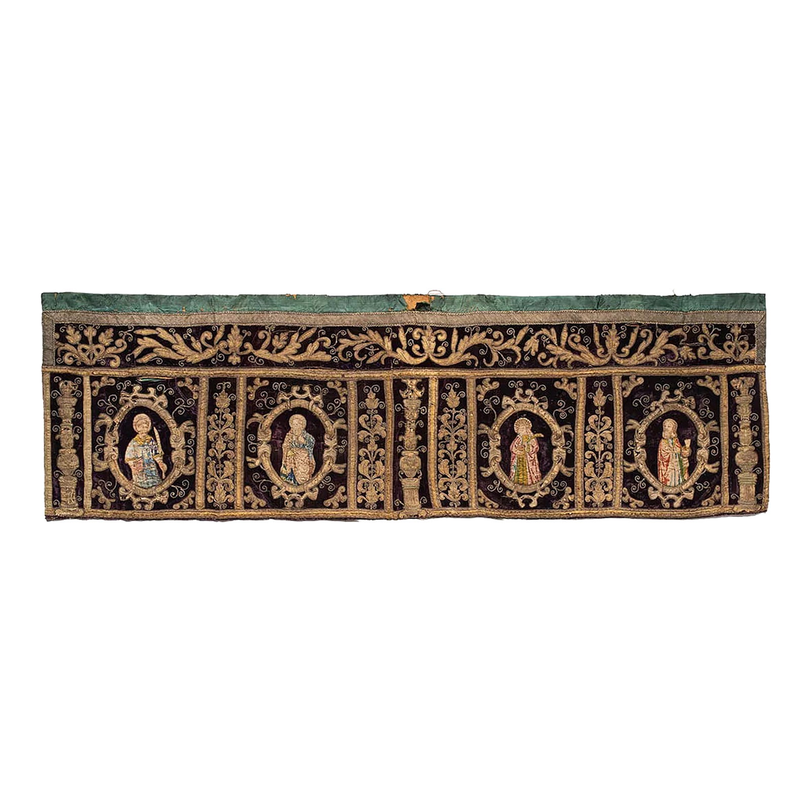 Large Velvet Gold and Silk Embroidered Antependium Circa 17 Century: This splendid and large piece speaks by itself , present a rich and opulent renaissance architectural decor with niches presenting saints probably Apostles , the decor is very sophisticated showing