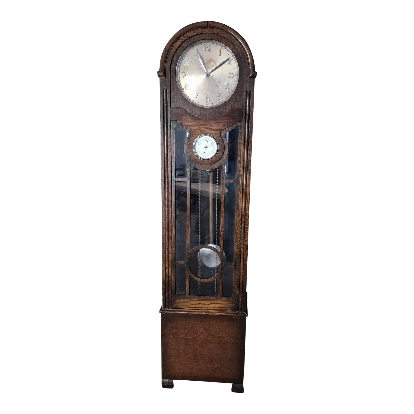 Vintage 1930s Antique Oak Chiming Longcase Barometer Clock (1 of 8)