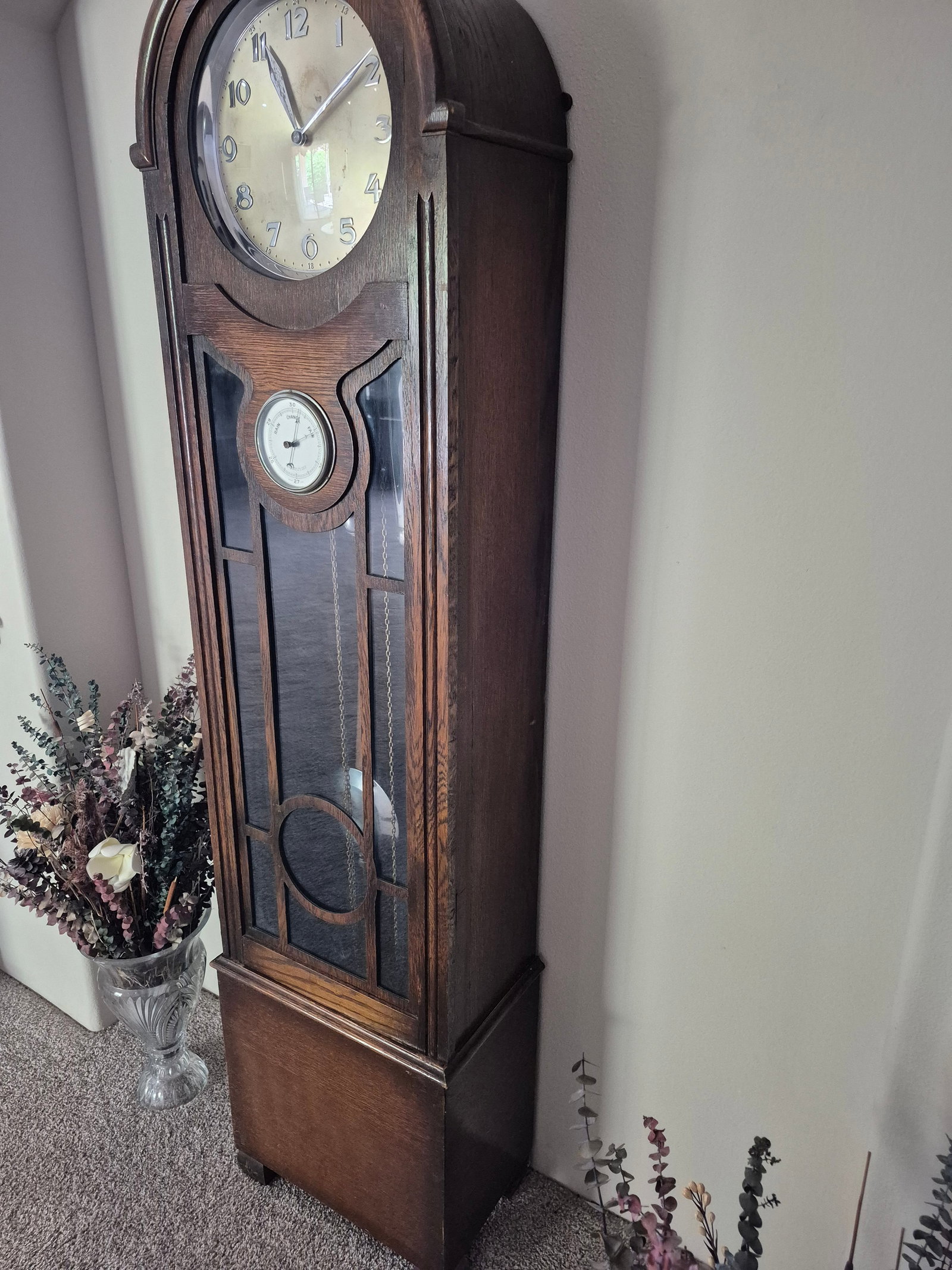 Vintage 1930s Antique Oak Chiming Longcase Barometer Clock - 2