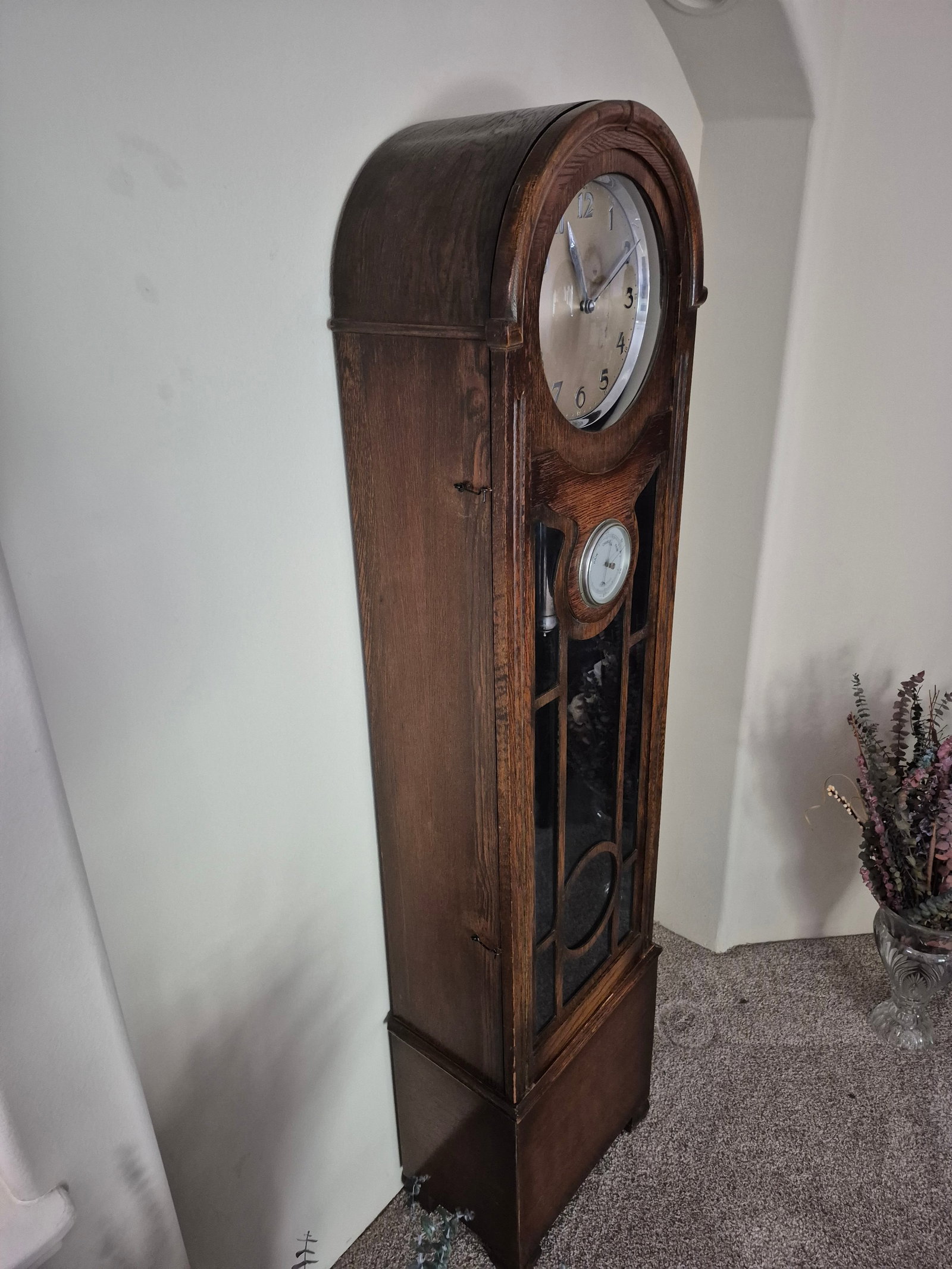 Vintage 1930s Antique Oak Chiming Longcase Barometer Clock - 3