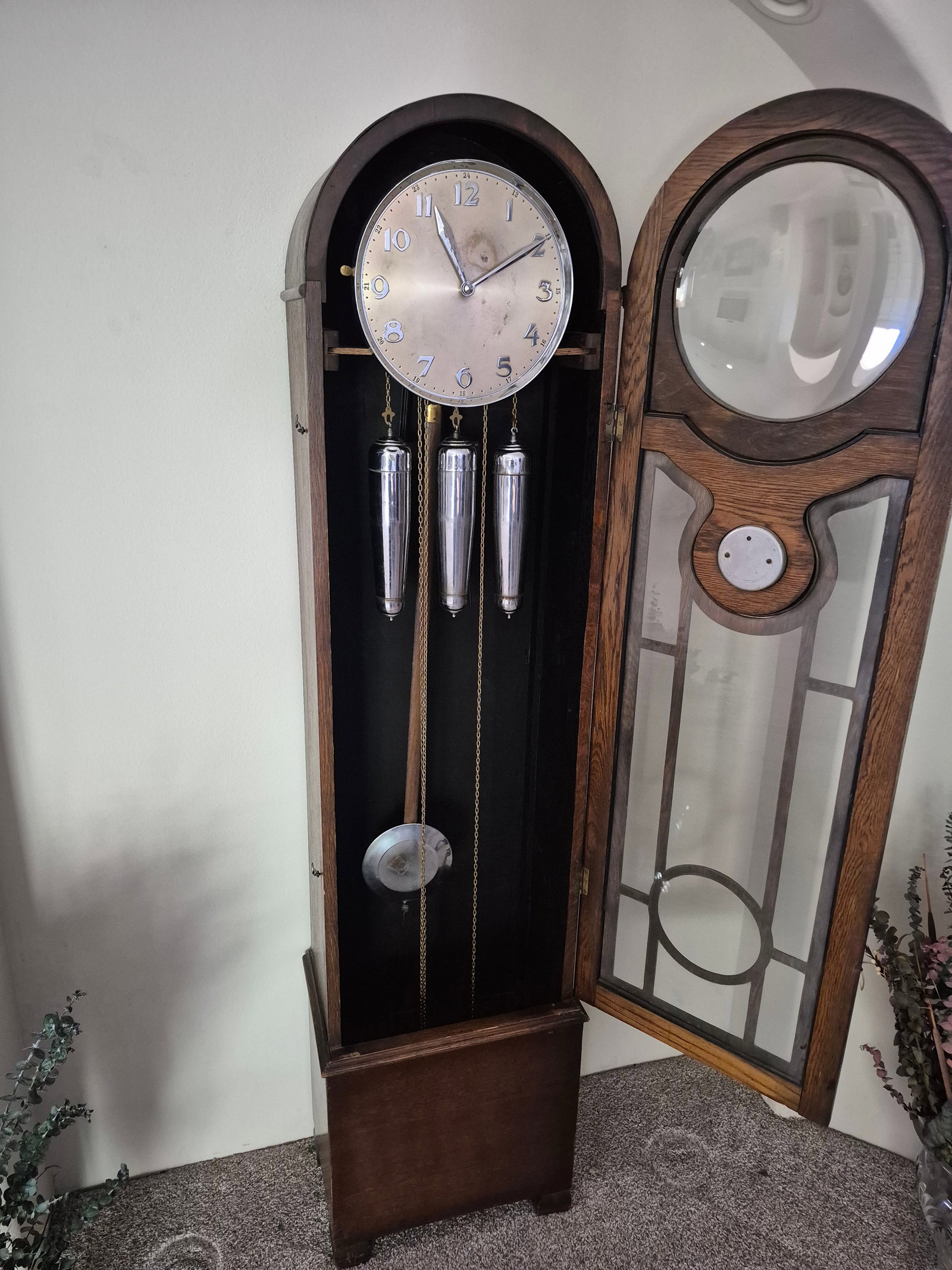 Vintage 1930s Antique Oak Chiming Longcase Barometer Clock - 4