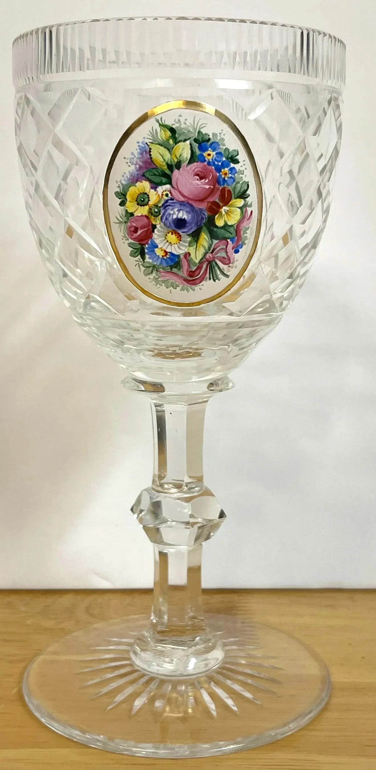 Early 20th Century Moser Floral Enameled Cut to Clear Enamel Water/Wine Goblets - Set of 12 - 10