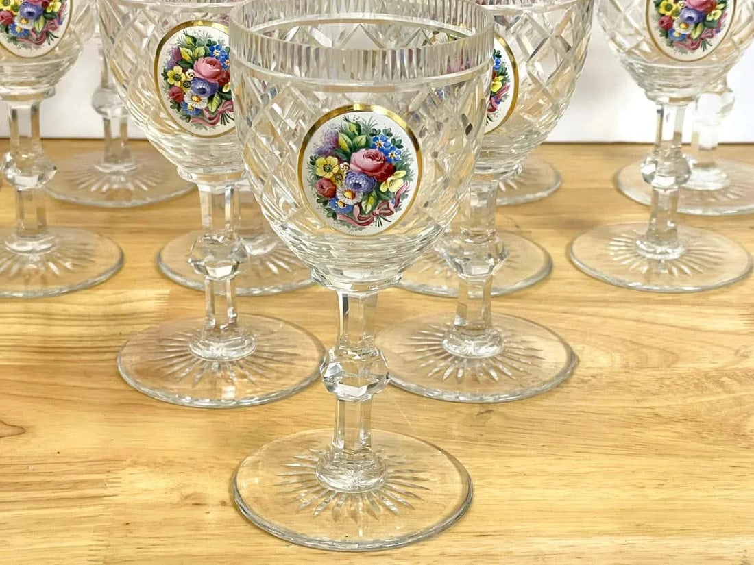 Early 20th Century Moser Floral Enameled Cut to Clear Enamel Water/Wine Goblets - Set of 12 - 11