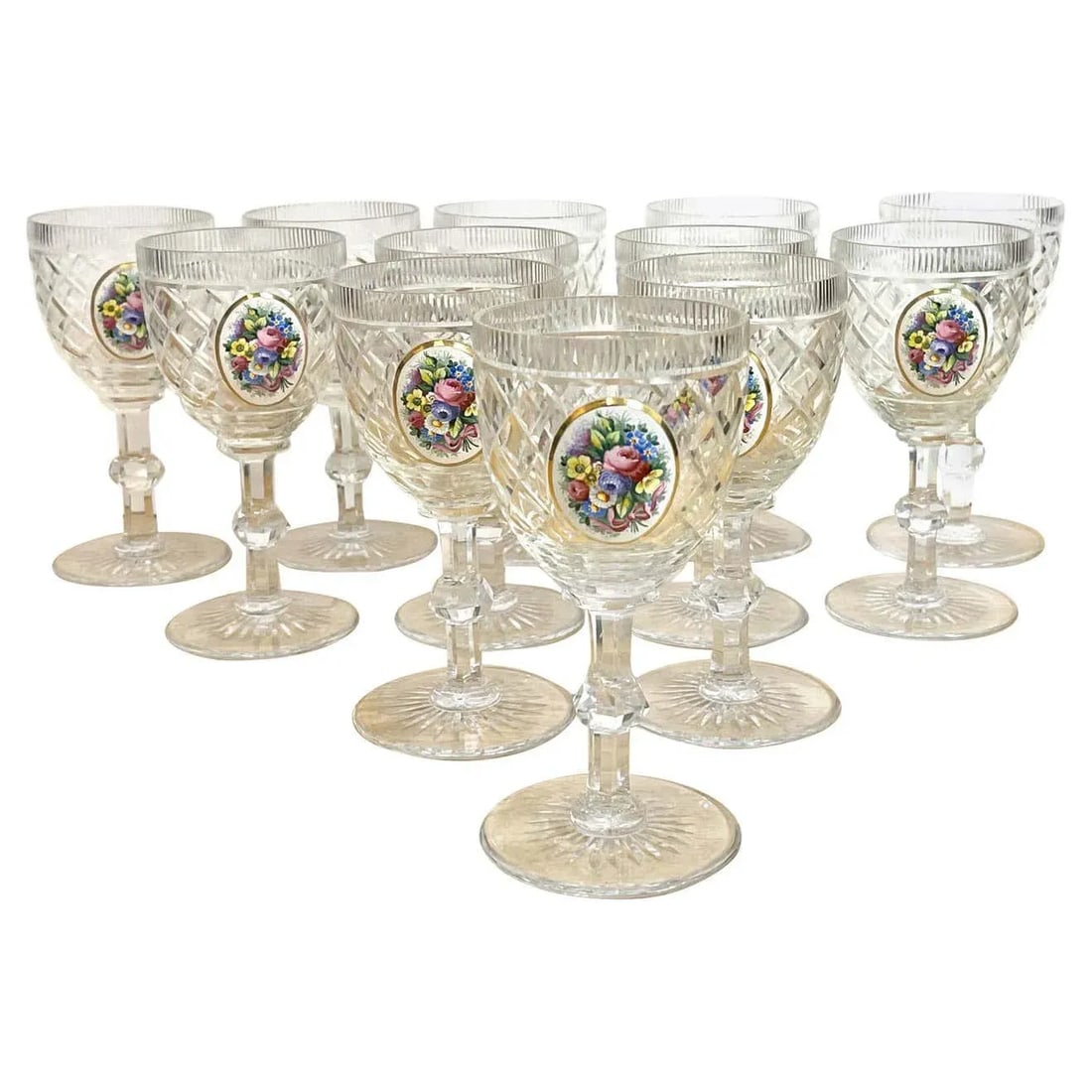 Early 20th Century Moser Floral Enameled Cut to Clear Enamel Water/Wine Goblets - Set of 12 - 12