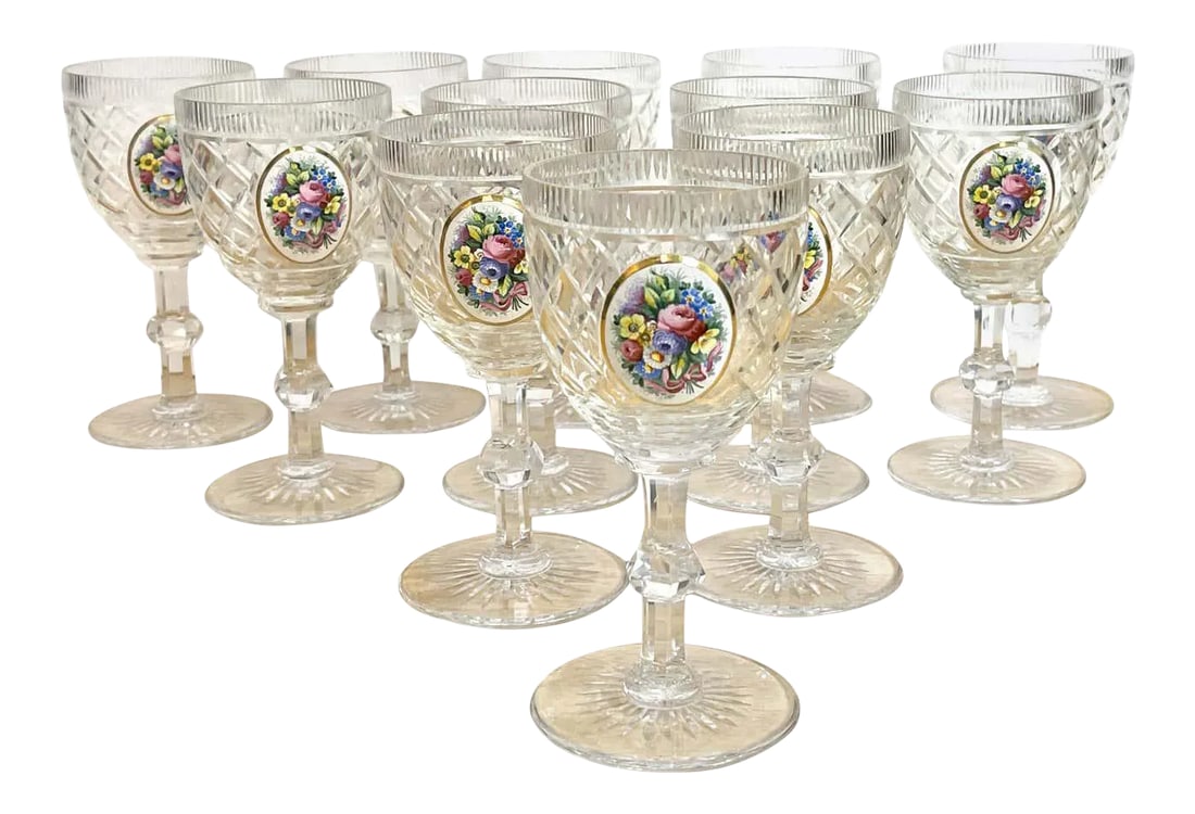 Early 20th Century Moser Floral Enameled Cut to Clear Enamel Water/Wine Goblets - Set of 12 (1 of 12)