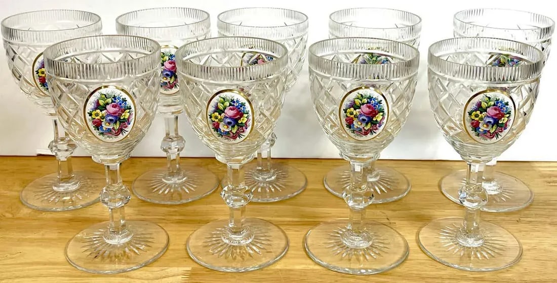 Early 20th Century Moser Floral Enameled Cut to Clear Enamel Water/Wine Goblets - Set of 12 - 2