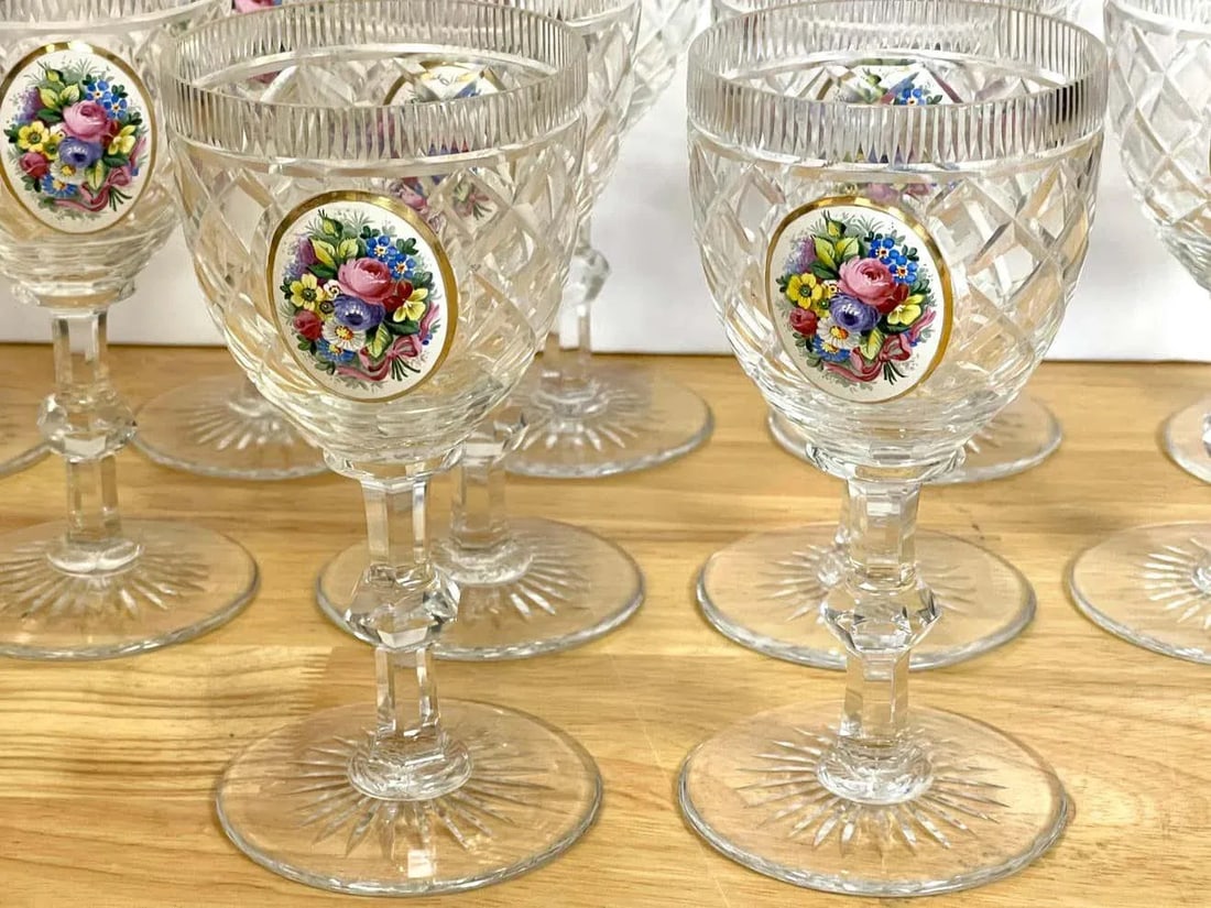 Early 20th Century Moser Floral Enameled Cut to Clear Enamel Water/Wine Goblets - Set of 12 - 3