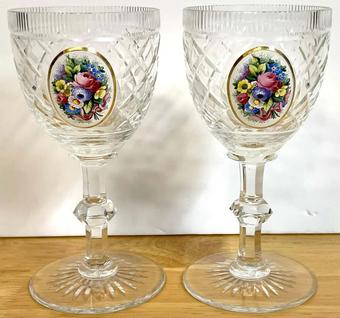 Early 20th Century Moser Floral Enameled Cut to Clear Enamel Water/Wine Goblets - Set of 12 - 4