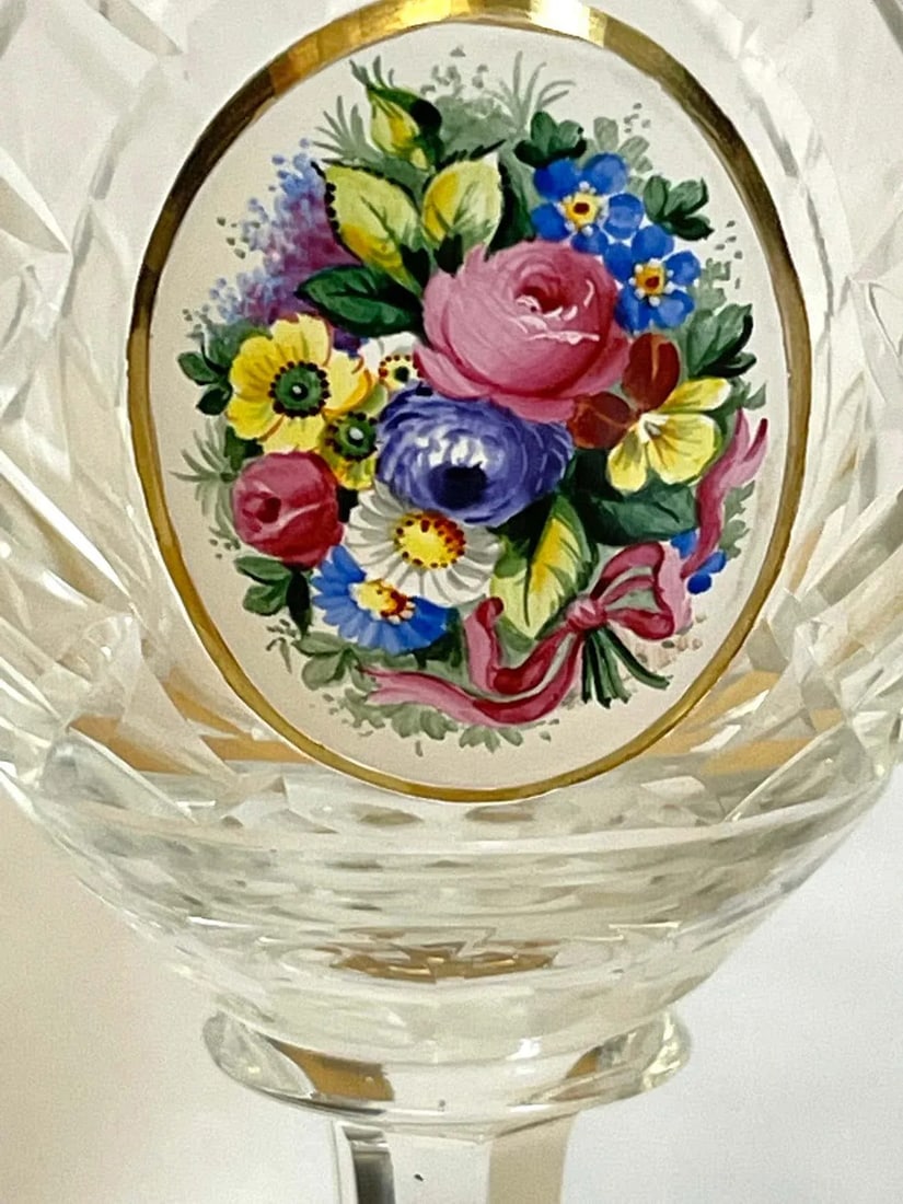 Early 20th Century Moser Floral Enameled Cut to Clear Enamel Water/Wine Goblets - Set of 12 - 6
