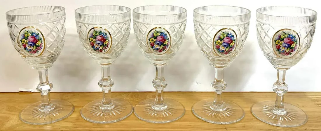 Early 20th Century Moser Floral Enameled Cut to Clear Enamel Water/Wine Goblets - Set of 12 - 9