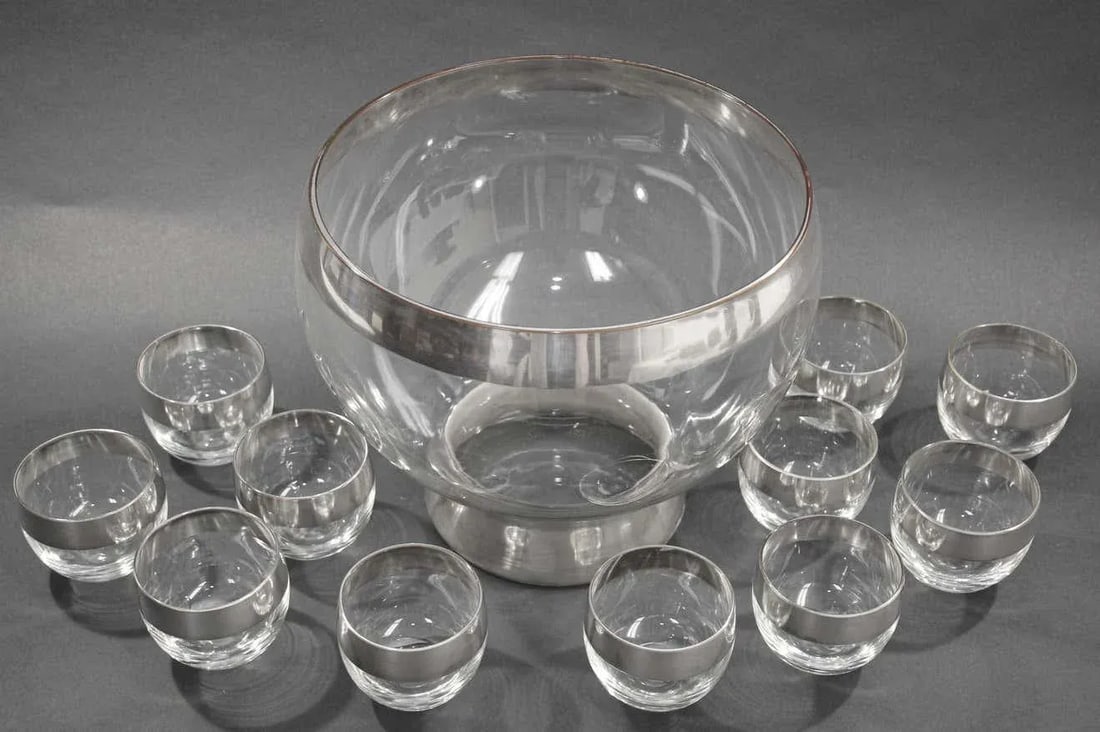 Dorothy Thorpe Mid-Century Silver Band Roly Poly Glasses and Cocktail Punch Bowl - 12 Pieces - 11
