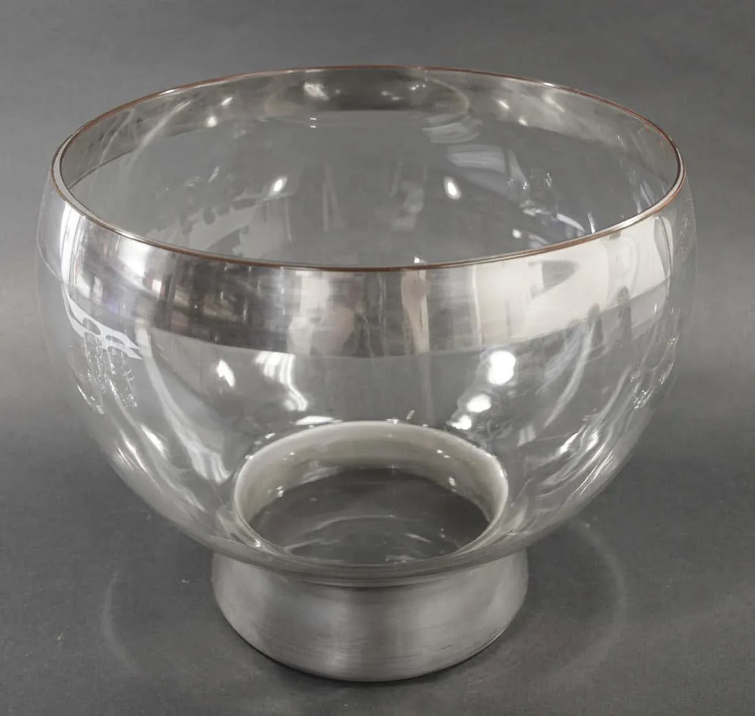 Dorothy Thorpe Mid-Century Silver Band Roly Poly Glasses and Cocktail Punch Bowl - 12 Pieces - 12