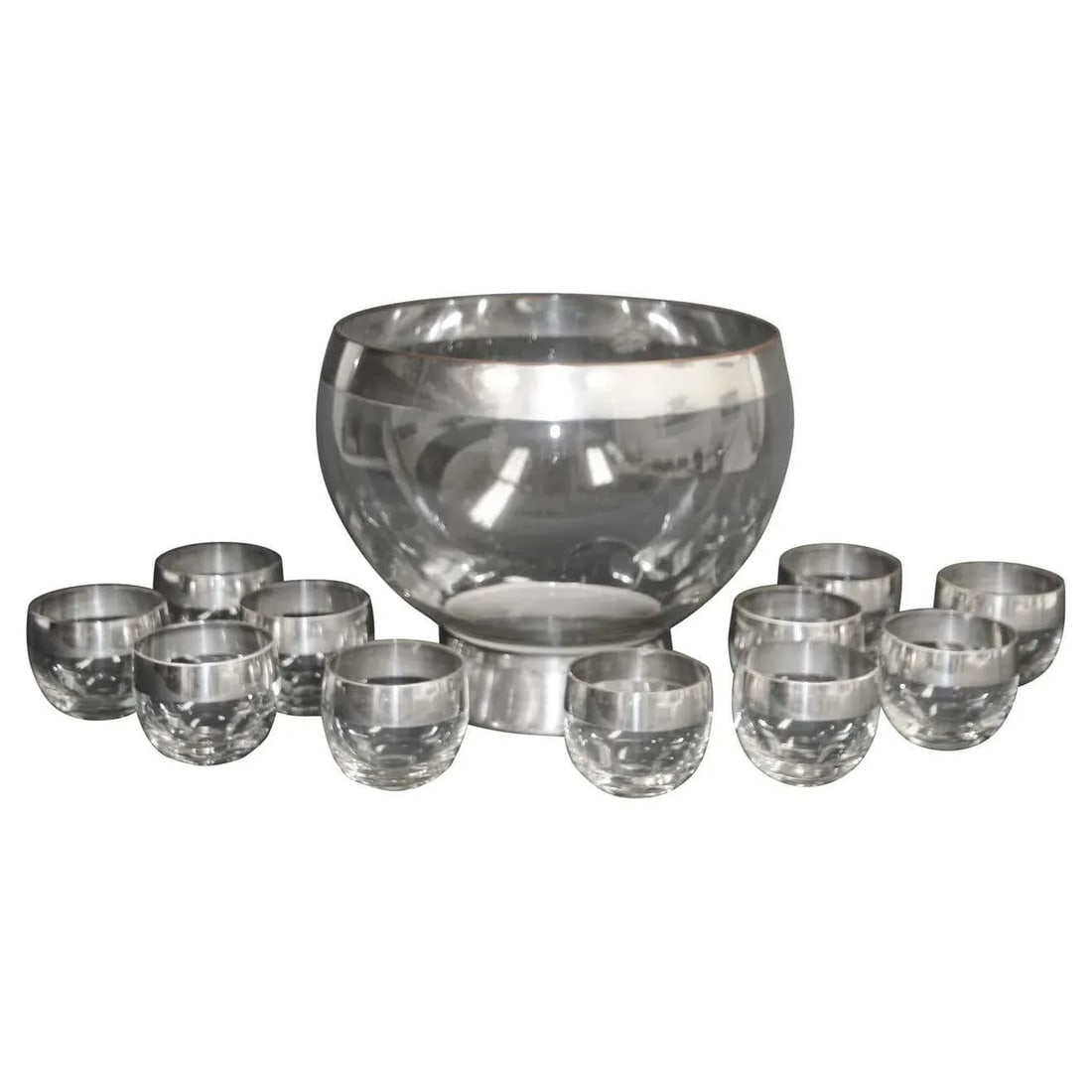 Dorothy Thorpe Mid-Century Silver Band Roly Poly Glasses and Cocktail Punch Bowl - 12 Pieces - 13