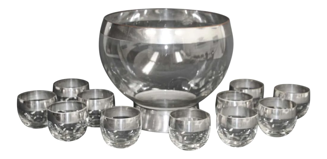 Dorothy Thorpe Mid-Century Silver Band Roly Poly Glasses and Cocktail Punch Bowl - 12 Pieces (1 of 13)