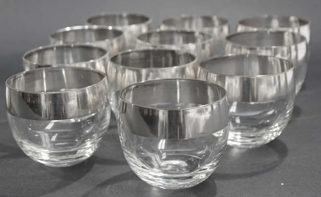 Dorothy Thorpe Mid-Century Silver Band Roly Poly Glasses and Cocktail Punch Bowl - 12 Pieces - 2
