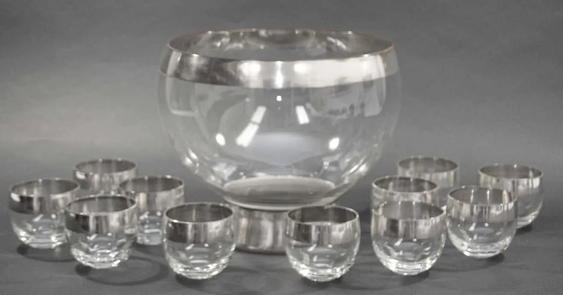 Dorothy Thorpe Mid-Century Silver Band Roly Poly Glasses and Cocktail Punch Bowl - 12 Pieces - 8