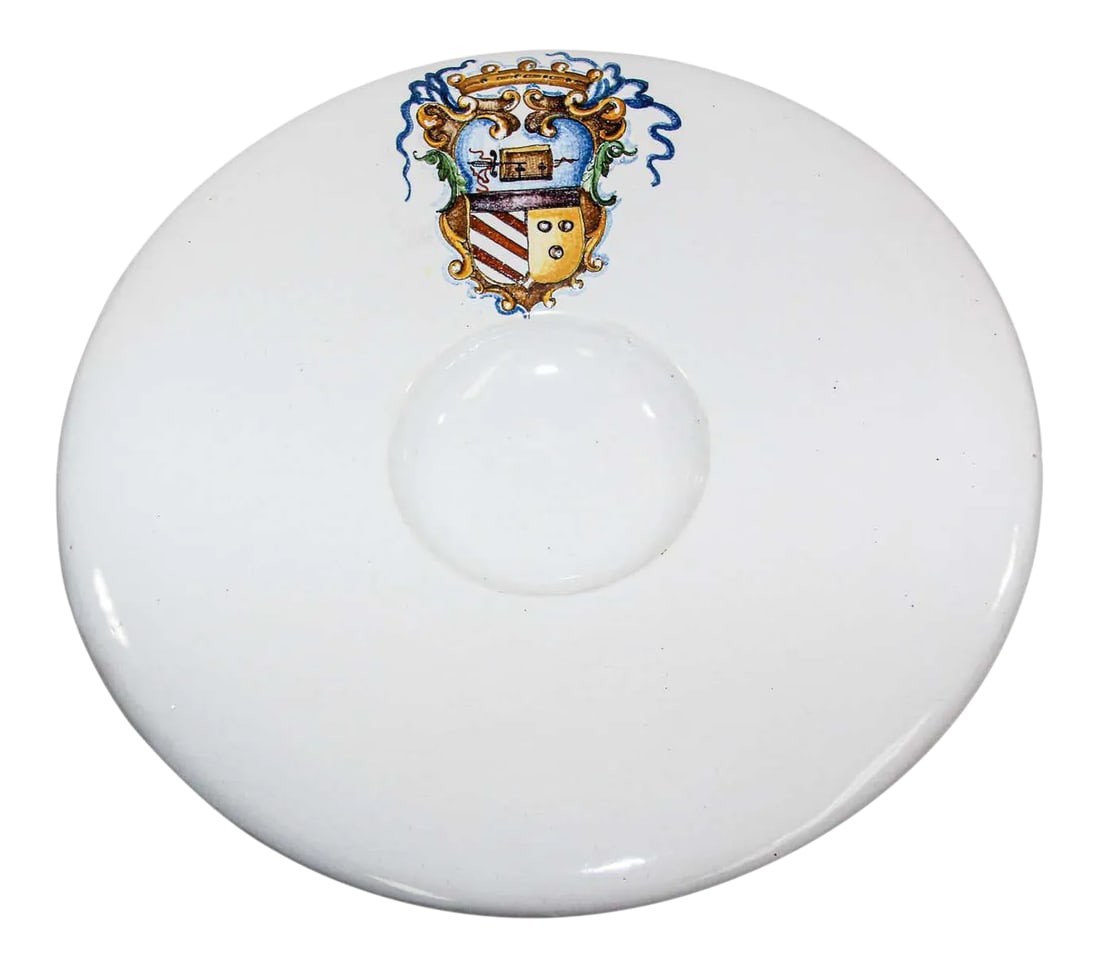 Vintage Stoneware Talavera White underglaze Large Bowl with Blazon Spain: Vintage 20th Century glazed earthenware white underglaze hand painted stoneware large Talavera bowl, kiln fired. Spanish Talavera crackled white handcrafted ceramic with a royal like hand painted blaz
