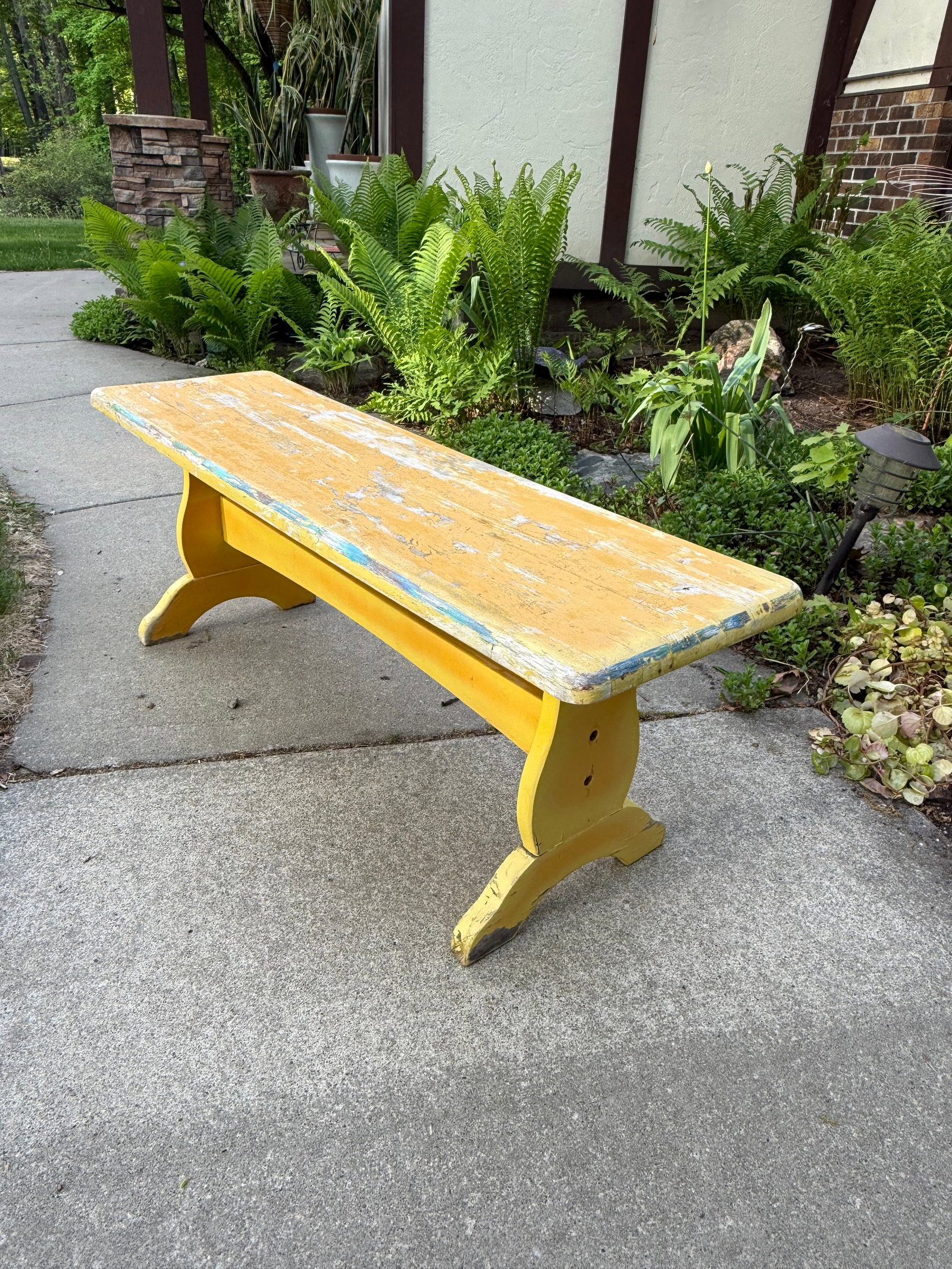 Vintage Trestle-Style Country Farmhouse Bench Storied Patina - 12