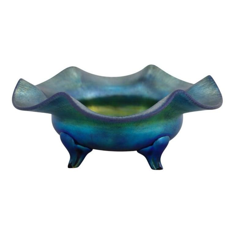 Arts & Crafts Steuben Blue Aurene Footed Candy Dish Numbered C1920 - 3
