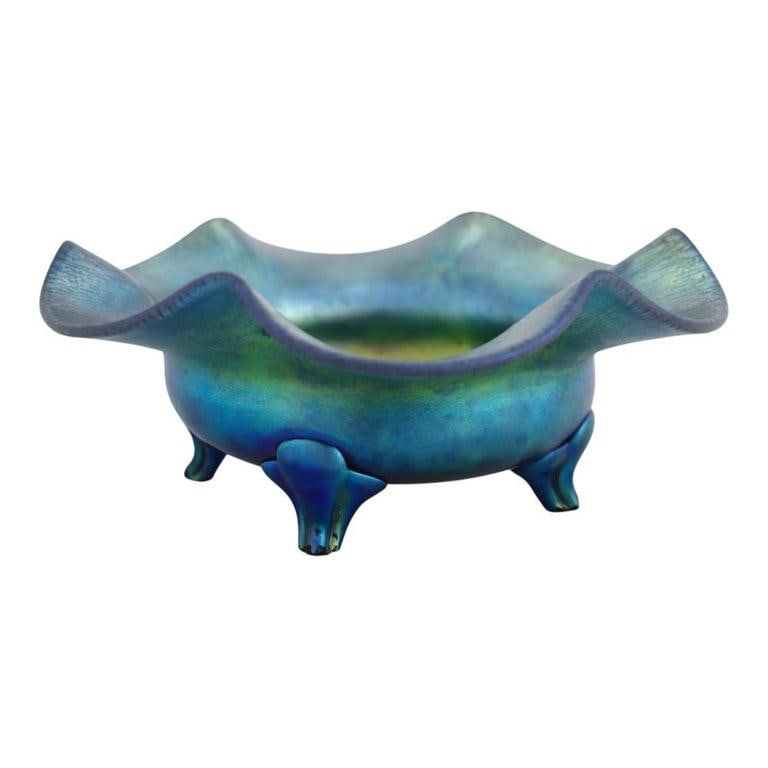 Arts & Crafts Steuben Blue Aurene Footed Candy Dish Numbered C1920 - 5