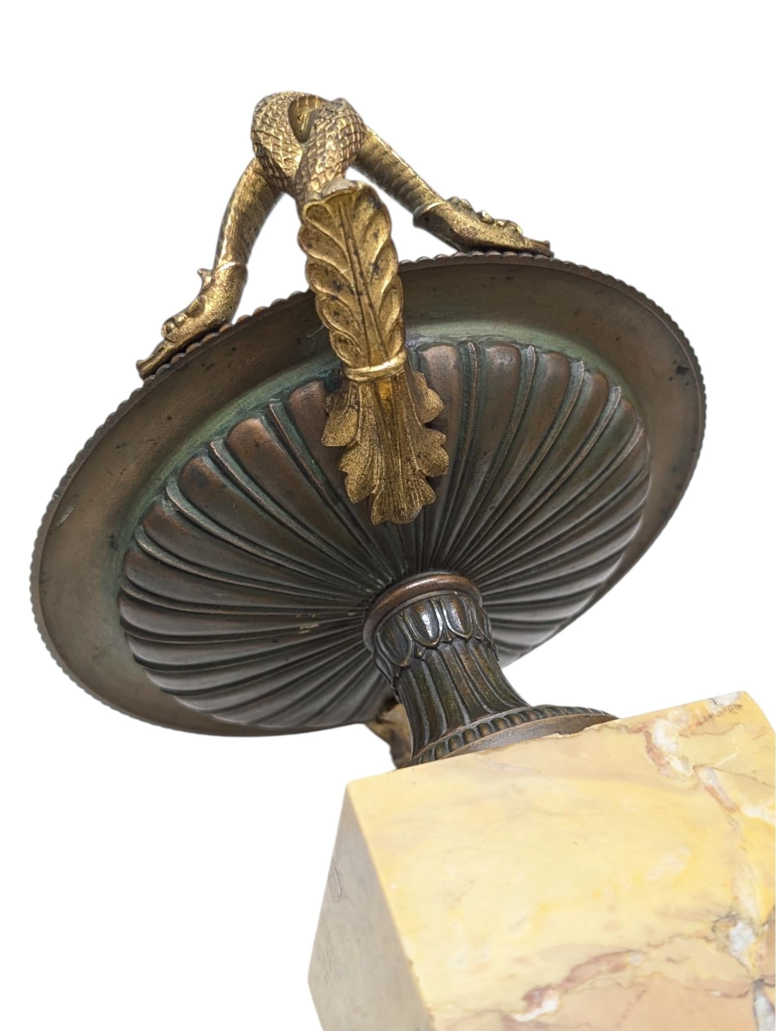 Pair of 19th-Century Bronze Tazzas Featuring Gilt Snake Handles and Siena Marble Stands - 10