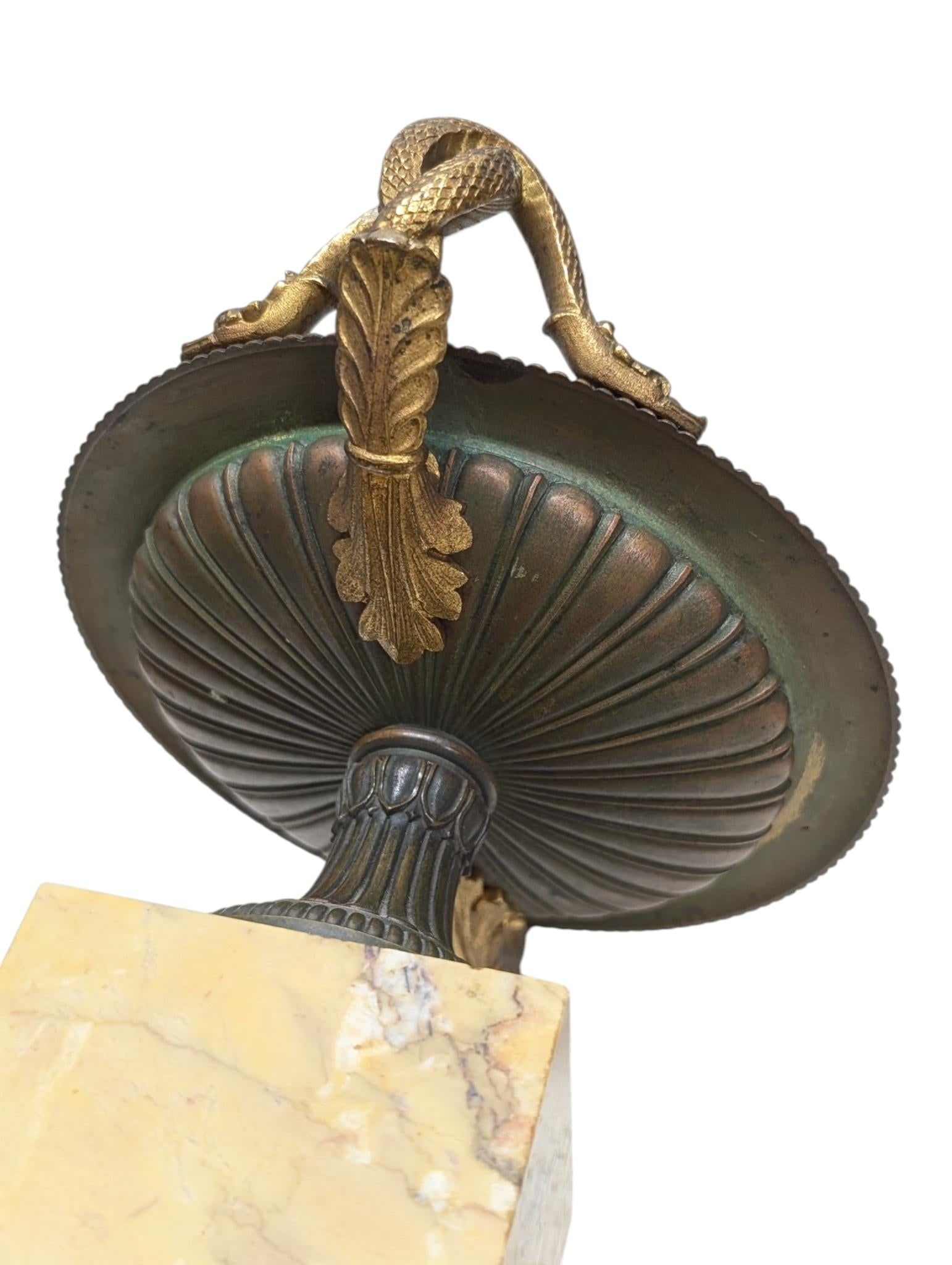 Pair of 19th-Century Bronze Tazzas Featuring Gilt Snake Handles and Siena Marble Stands - 12