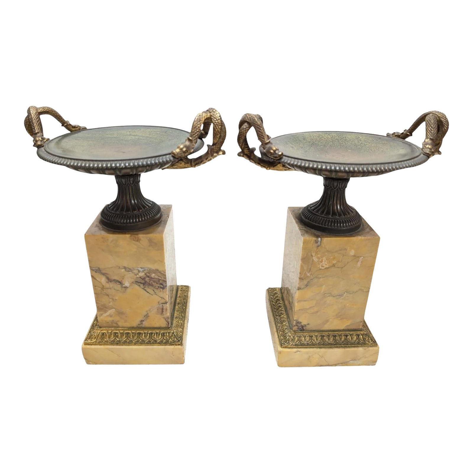 Pair of 19th-Century Bronze Tazzas Featuring Gilt Snake Handles and Siena Marble Stands: Pair of 19th-Century Bronze Tazzas Featuring Gilt Snake Handles and Siena Marble Stands. Some small chips on the bottom of the base of the marble. Wonderful condition for their age. Condition: