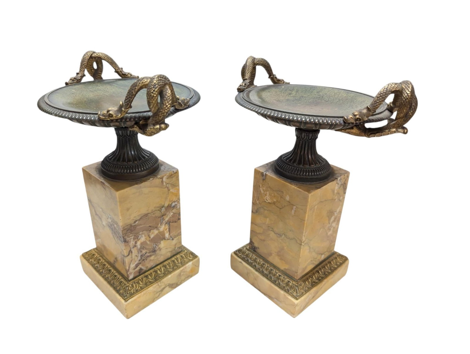 Pair of 19th-Century Bronze Tazzas Featuring Gilt Snake Handles and Siena Marble Stands - 2