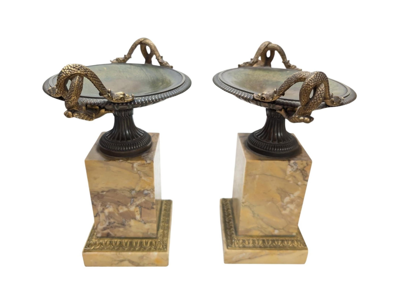 Pair of 19th-Century Bronze Tazzas Featuring Gilt Snake Handles and Siena Marble Stands - 3