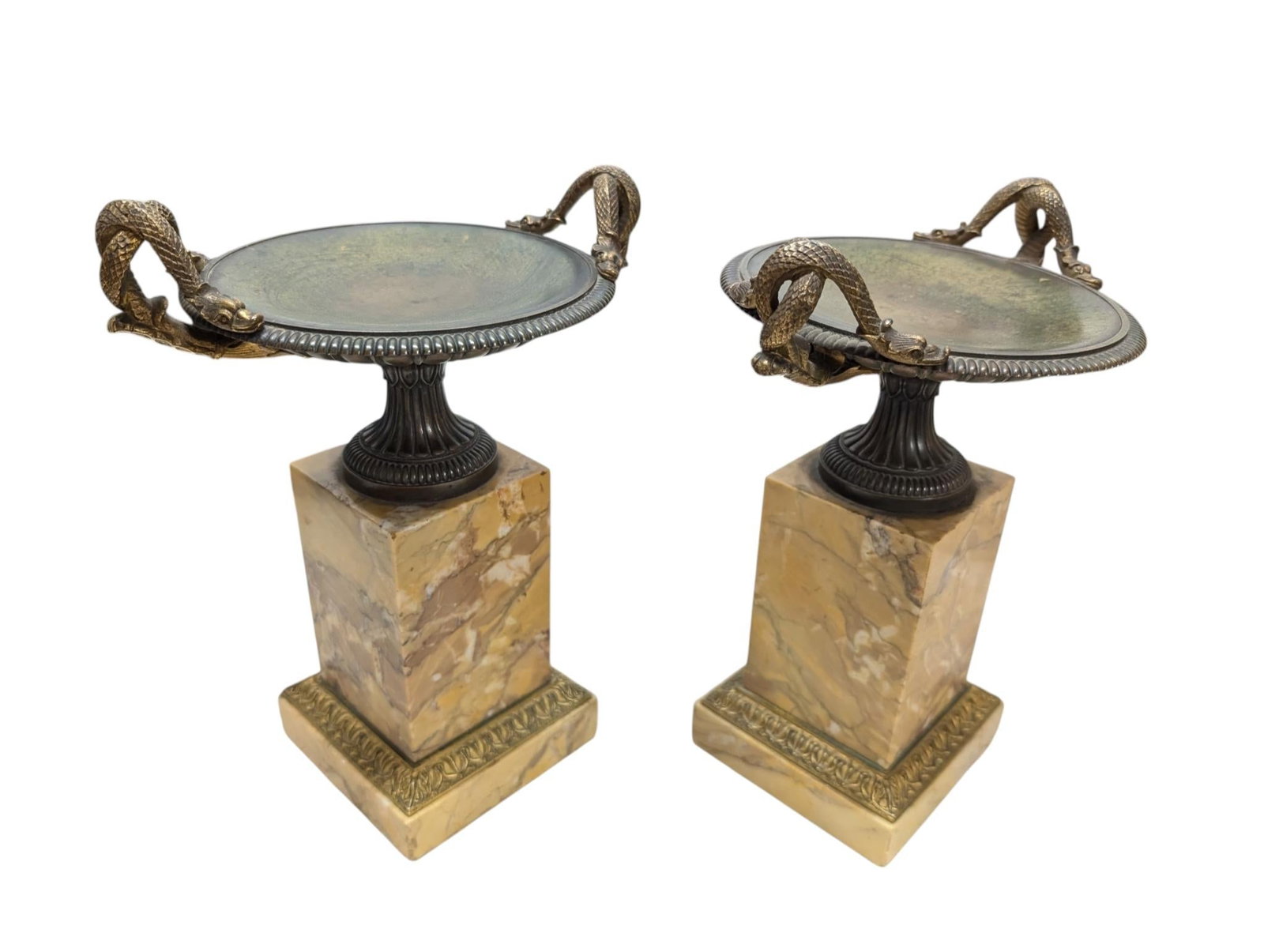Pair of 19th-Century Bronze Tazzas Featuring Gilt Snake Handles and Siena Marble Stands - 4