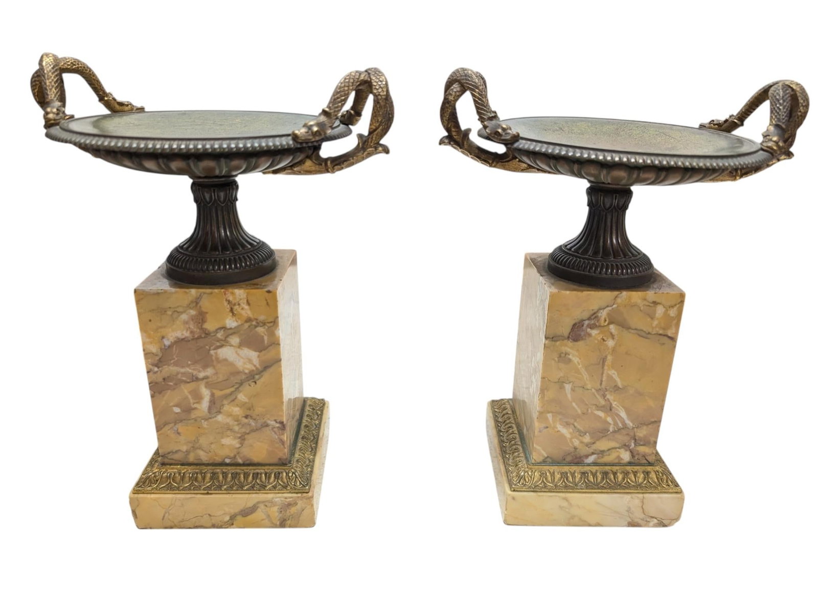 Pair of 19th-Century Bronze Tazzas Featuring Gilt Snake Handles and Siena Marble Stands - 6
