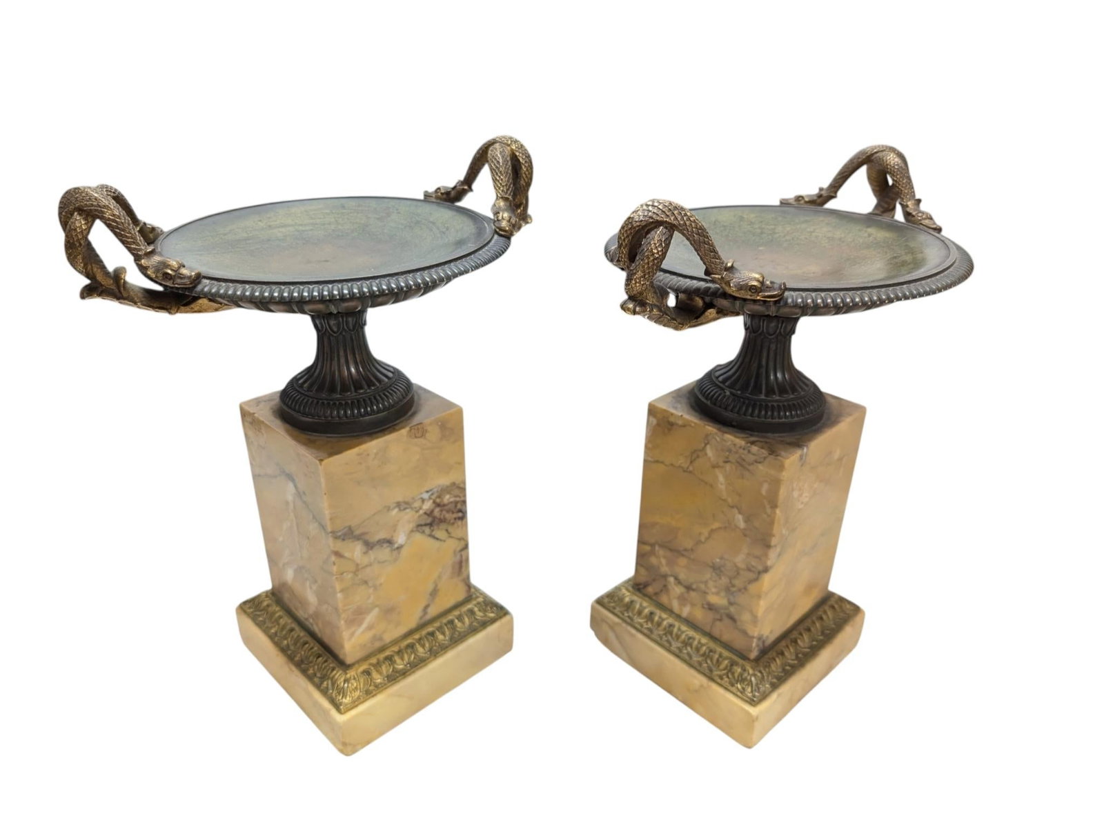 Pair of 19th-Century Bronze Tazzas Featuring Gilt Snake Handles and Siena Marble Stands - 7