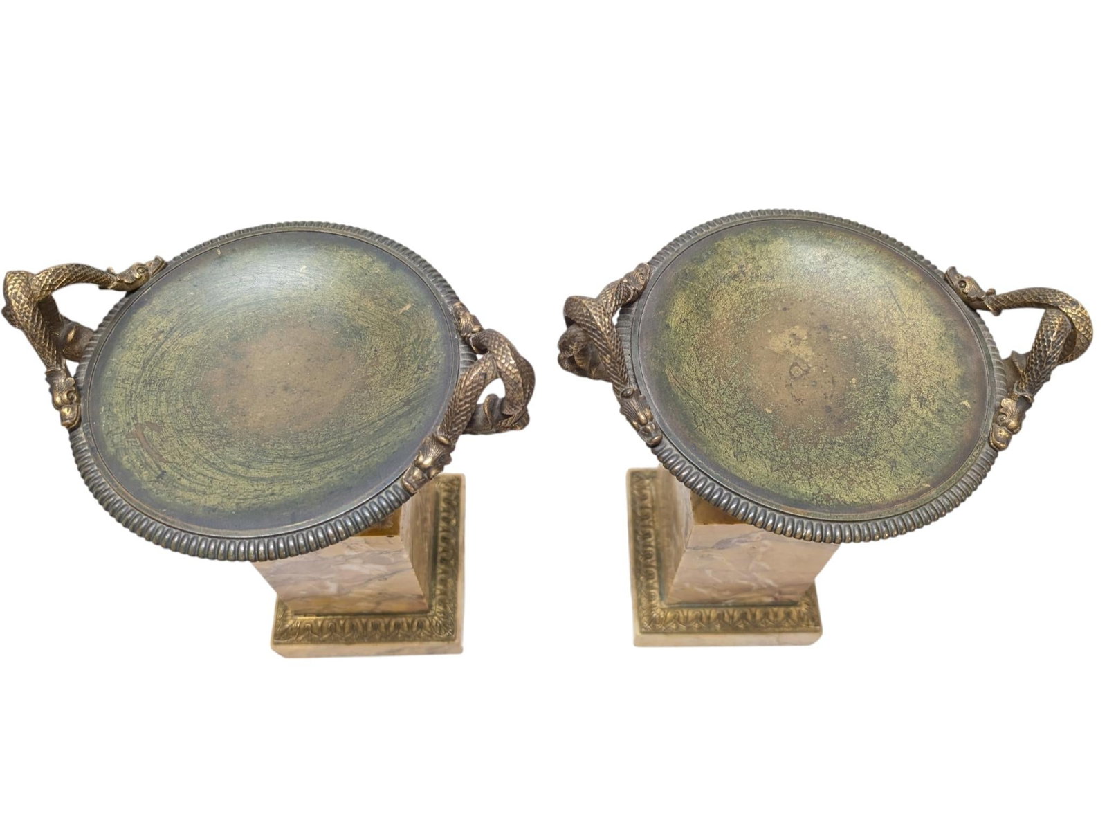 Pair of 19th-Century Bronze Tazzas Featuring Gilt Snake Handles and Siena Marble Stands - 8