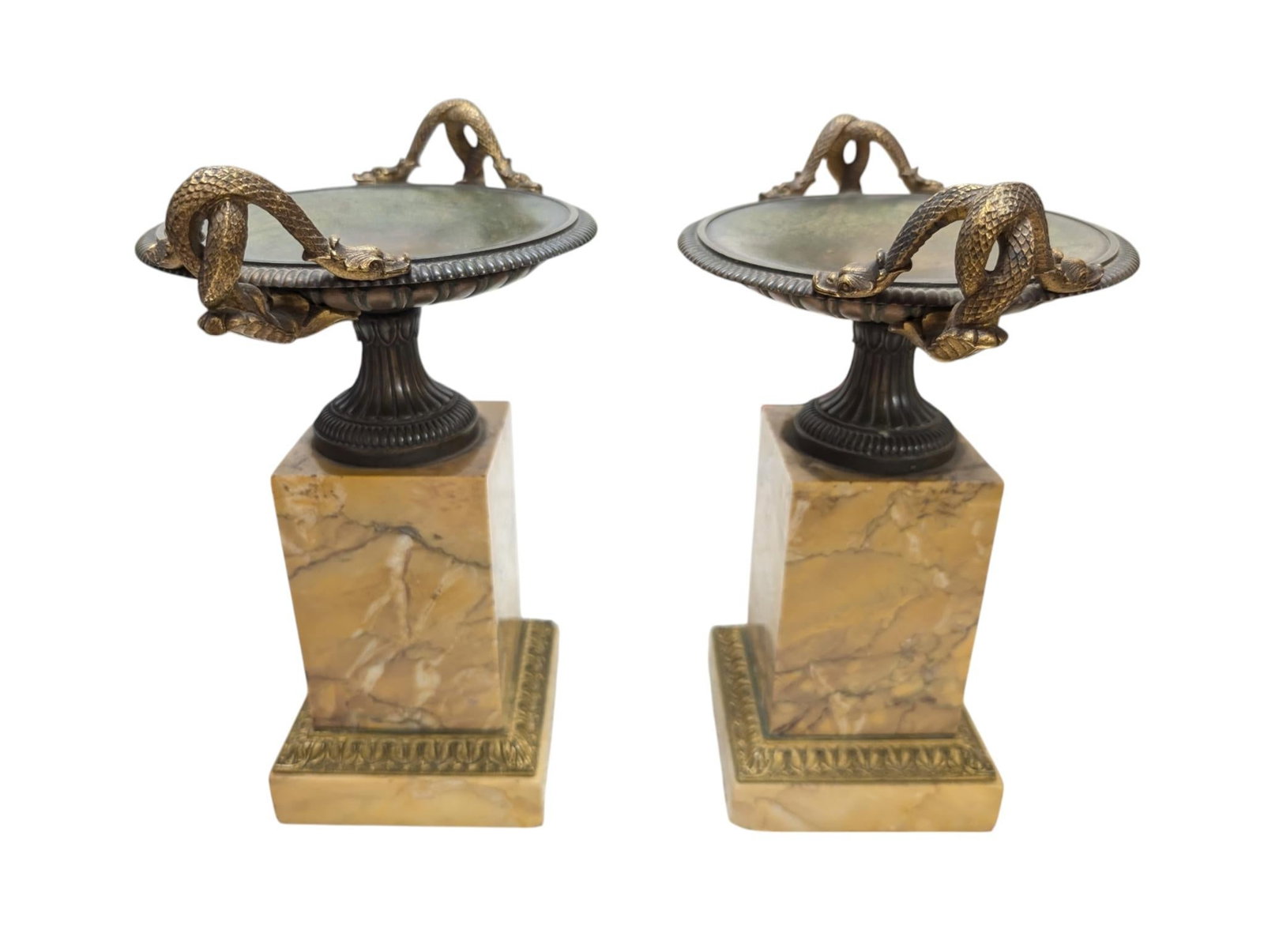 Pair of 19th-Century Bronze Tazzas Featuring Gilt Snake Handles and Siena Marble Stands - 9