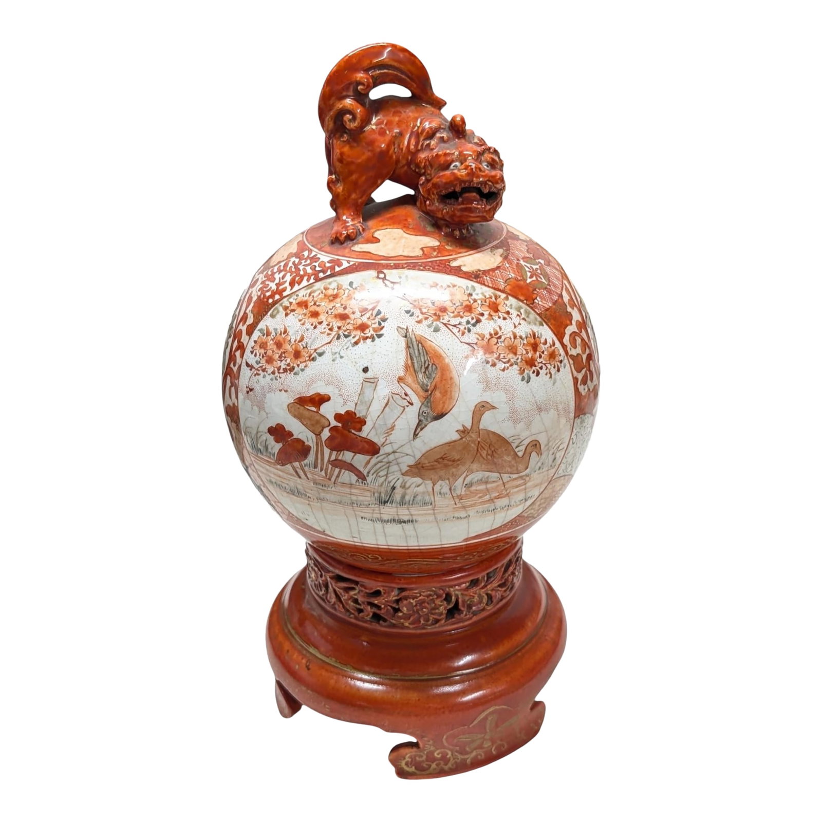 Mid 19th Century Meiji Period Japanese Kutani Porcelain Koro and Kylin Dog Globular Cover: A JAPANESE KUTANI PORCELAIN KORO AND GLOBULAR COVER, the lid painted with a main panel to each side; one with figures in an exterior setting, the other with birds, with further smaller roundels