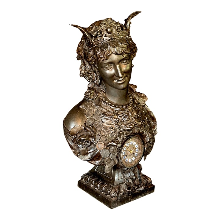 19th C French Oriental Zamak Bust Clock - 1 Pc: A remarkable 19th-century French Orientalist zamak bust clock, beautifully sculpted in a large and impressive size. This decorative 1-piece antique combines figural sculpture, ornate costume detail,