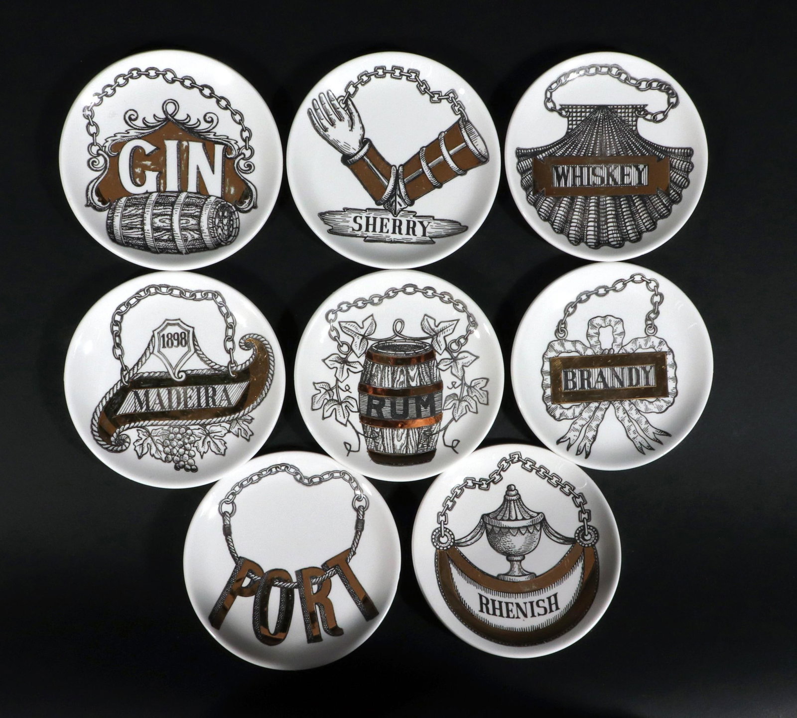 Piero Fornasetti Ceramic Wine & Liquor Coasters, Vini E Liquori Pattern - 3