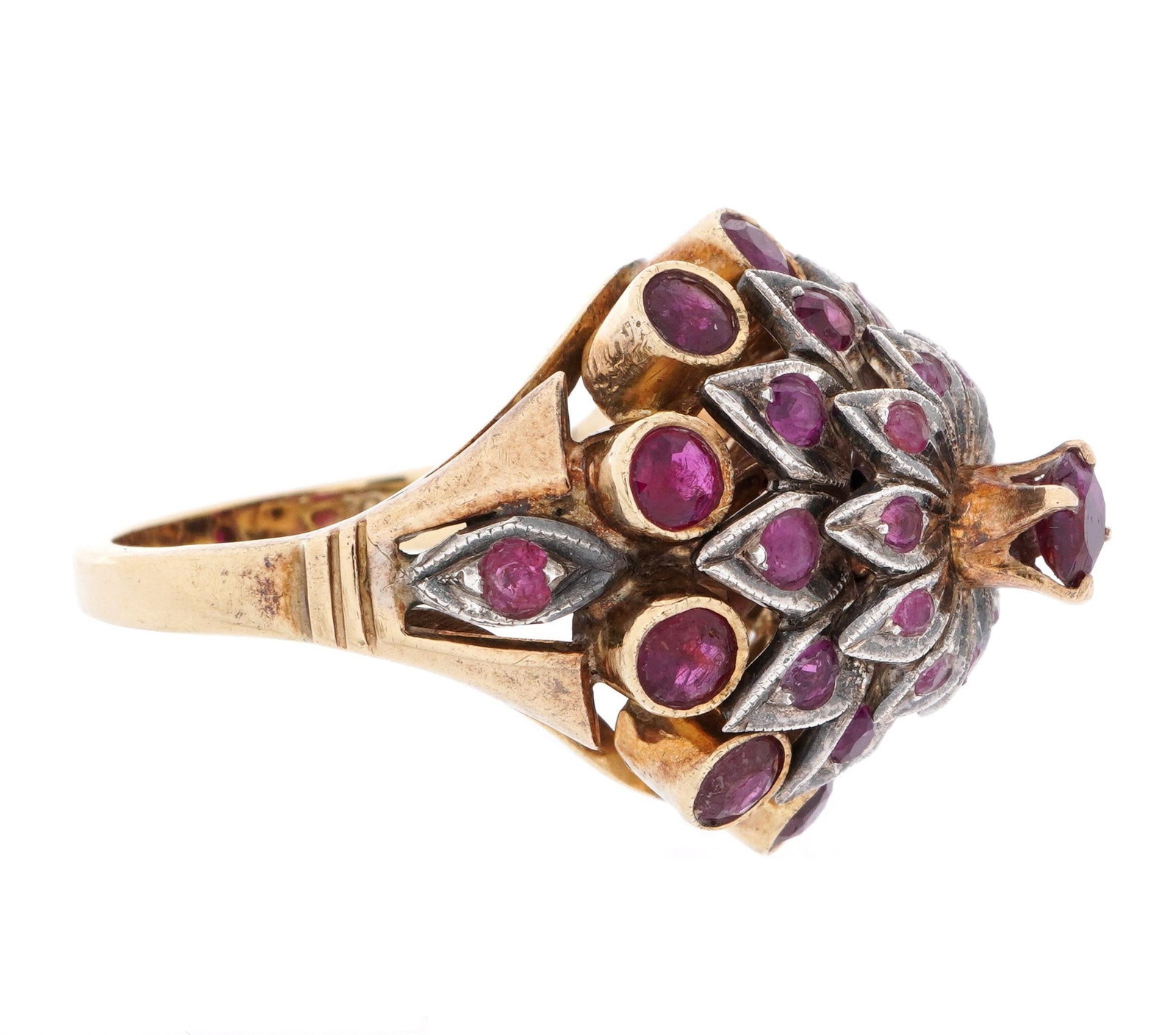 14k Gold and Ruby Cluster Cocktail Ring - 3
