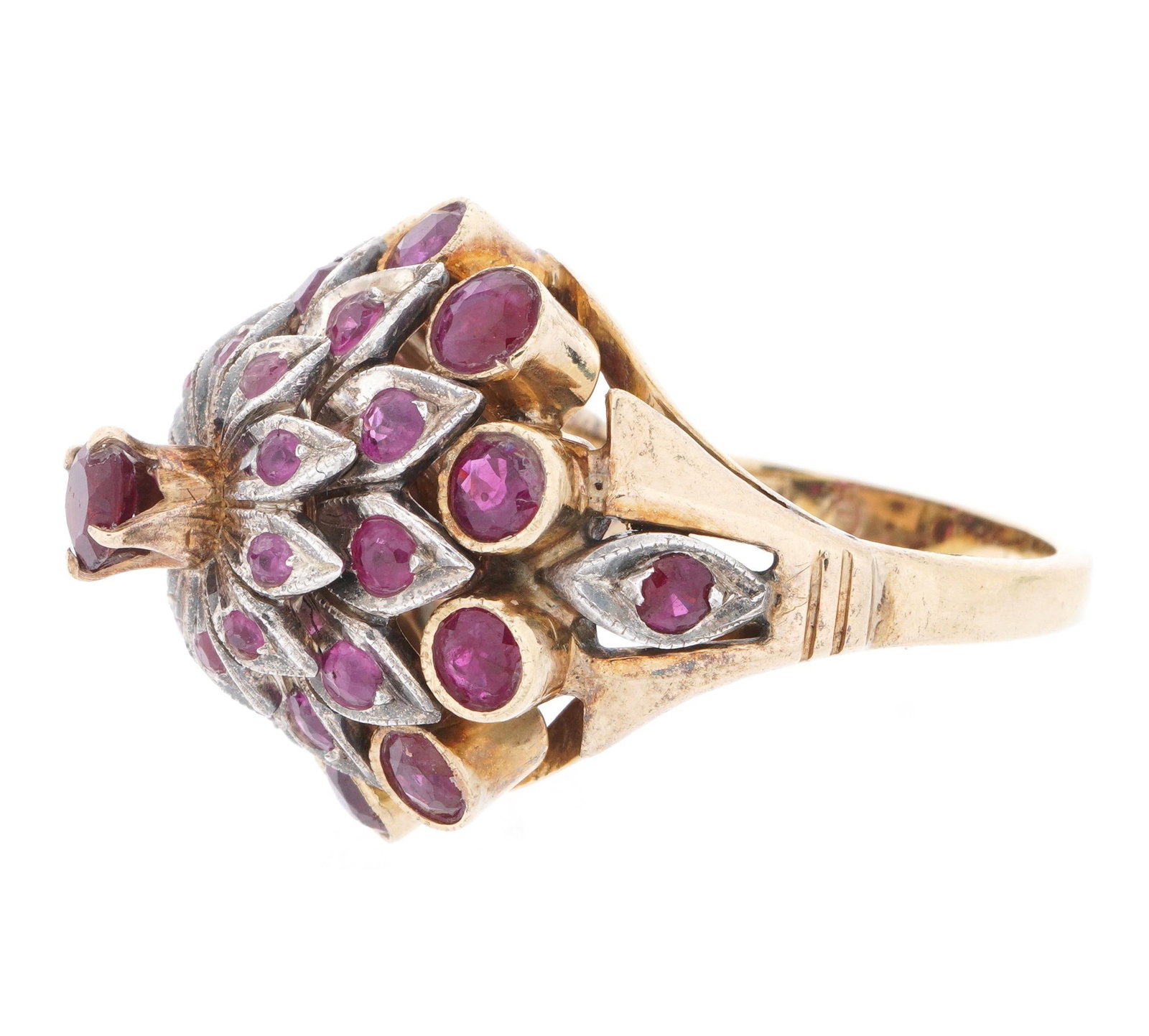 14k Gold and Ruby Cluster Cocktail Ring - 4