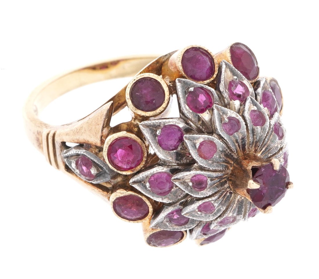 14k Gold and Ruby Cluster Cocktail Ring - 5