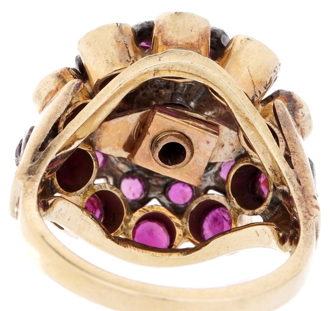 14k Gold and Ruby Cluster Cocktail Ring - 7