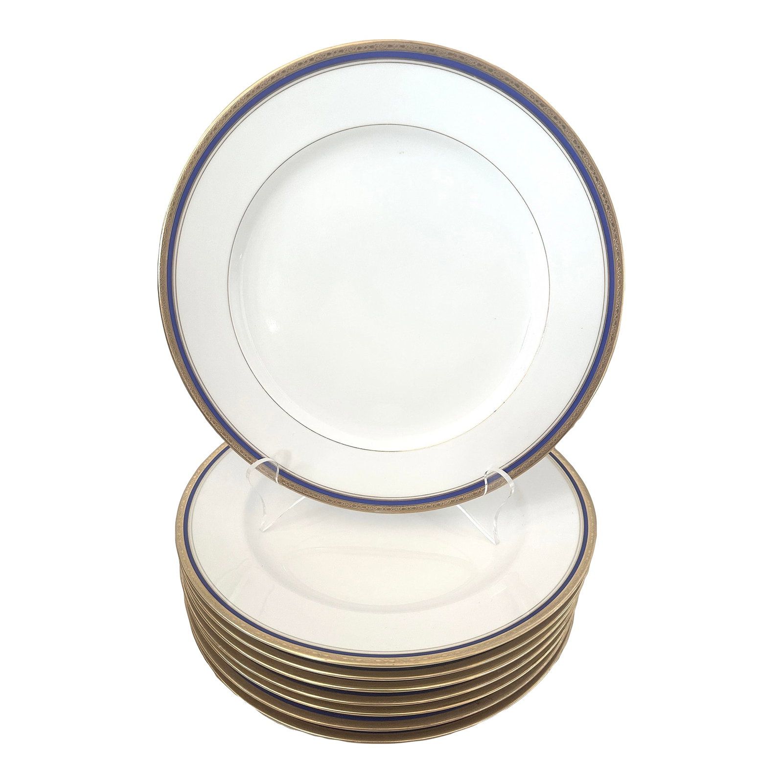 Set of 8 Gold & Blue Rim Dinner Plates by C. Ahrenfeldt: Set of 8 Blue and Gold Rim Dinner plates by C. Ahrenfeldt Tice & Gates Rochester N.Y. 2 of the plates don't have gold on the inner circle of plate. Crafted in Limoges, France 10in round Make sure to