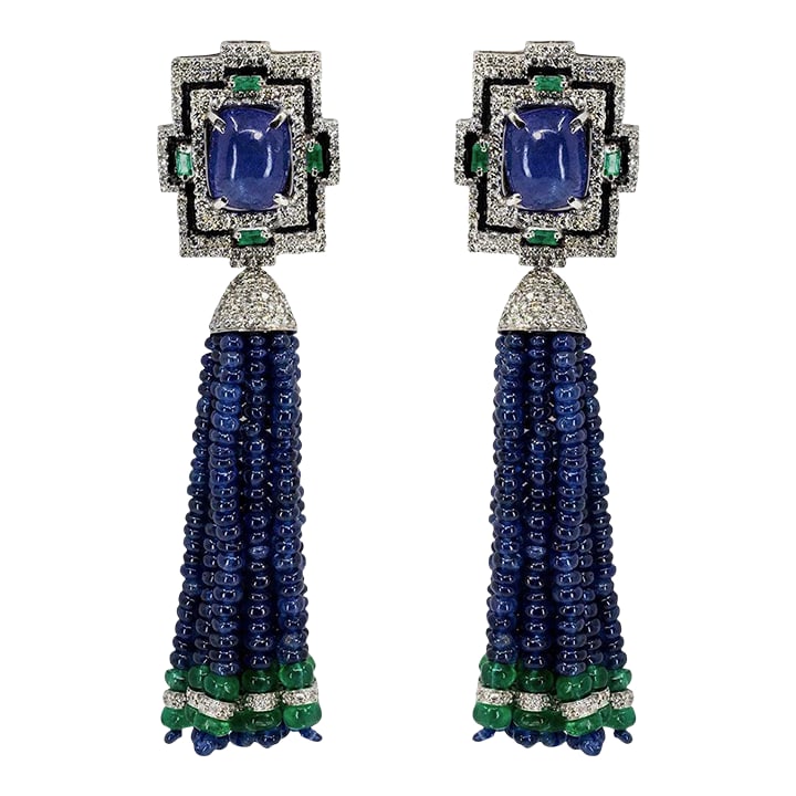 Sapphire Bead Tassle Earrings, A Pair: 18K Tassle earrings with detachable tops containing 2 cabochon cut tanzanites weighing 8.89 carats, 8 emeralds weighing 0.35 carats, emerald beads weighing 5.86 carats and round diamonds weighing