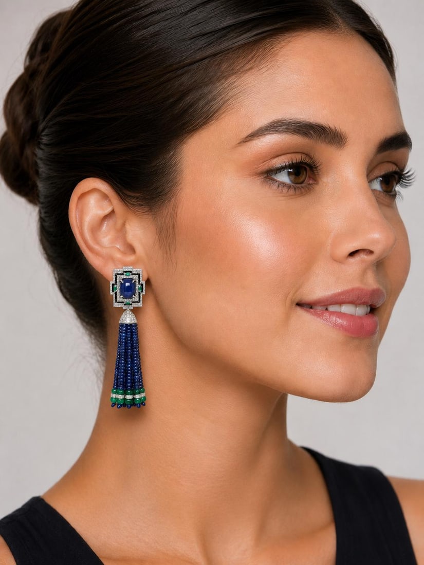 Sapphire Bead Tassle Earrings, A Pair - 2