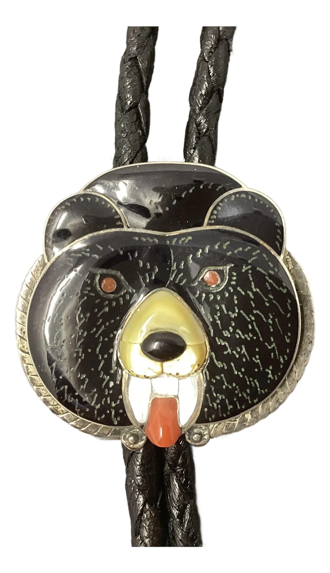 Bernice Leekity, Zuni, Delightful "Baby Bear" Bolo Tie or Necklace. Signed on Back.: Bernice Leekity is a promenant member of the Leekity family, a highly respected family name among the Zuni people of New Mexico, known for their exceptional lapidary and silversmithing skills. Highly