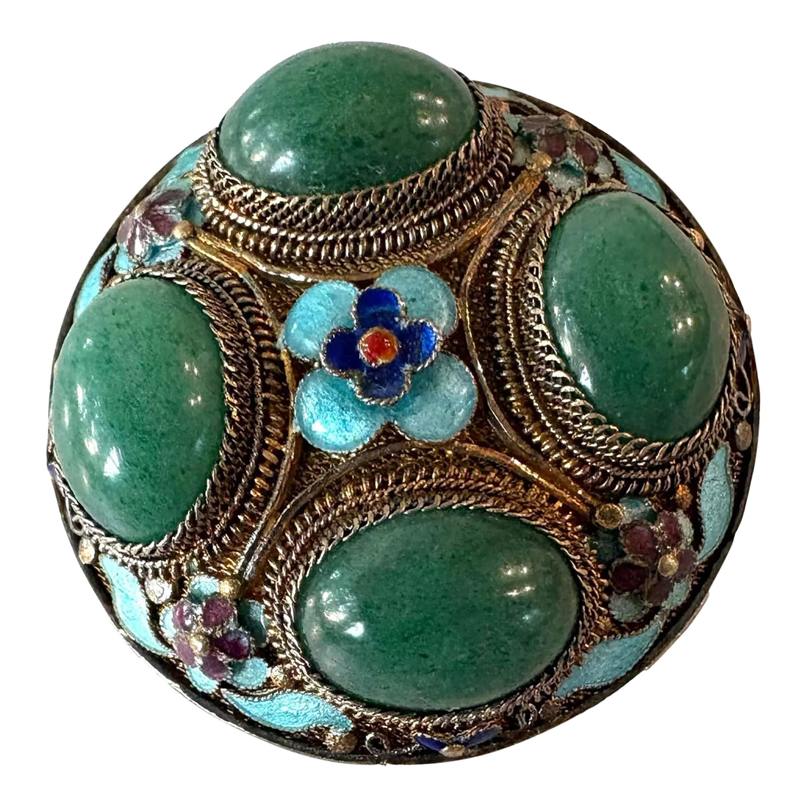 Vintage Chinese Brooch Features Enamel and Sterling Silver Filigree Work Set With Jade: Vintage Chinese Brooch Features Enamel and Sterling Silver Filigree Work Set With Jade. Vintage Chinese brooch features sterling silver filigree work set with natural jadeite cabochons and blue