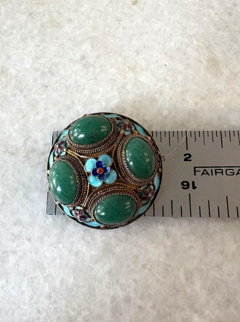 Vintage Chinese Brooch Features Enamel and Sterling Silver Filigree Work Set With Jade - 2