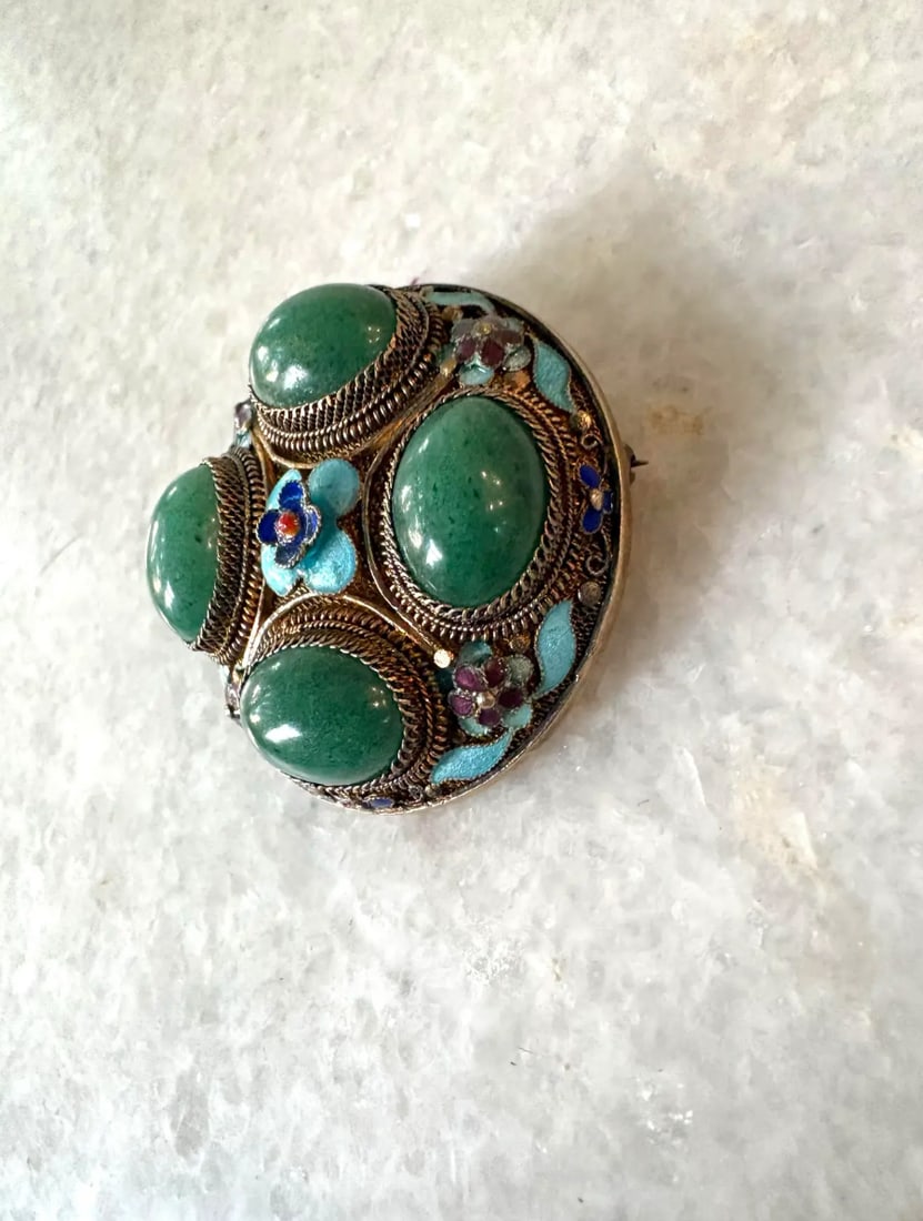 Vintage Chinese Brooch Features Enamel and Sterling Silver Filigree Work Set With Jade - 3