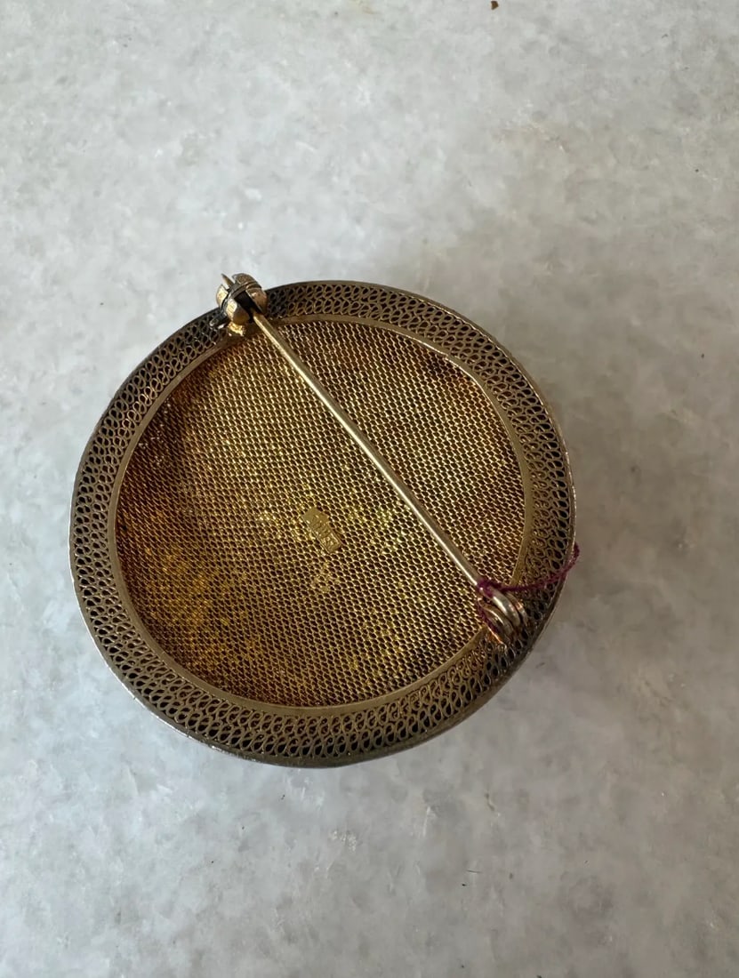 Vintage Chinese Brooch Features Enamel and Sterling Silver Filigree Work Set With Jade - 4